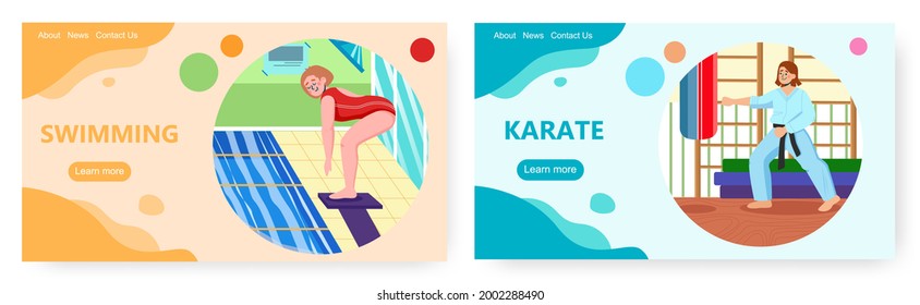 Sport landing page design, website banner vector template set. Swimming and karate sport activities. Healthy lifestyle.