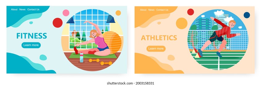 Sport landing page design, website banner vector template set. Fitness, athletics. Healthy lifestyle, training, workout.