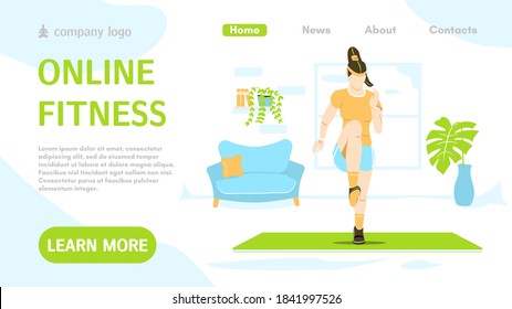 Sport Landing Page Layout. Online Personal Trainer And Fitness Coach. Indoor Physical Activity. Fitness Website Homepage. Design For Banner, Flyer Or Brochure. Cartoon Flat Vector Illustration.