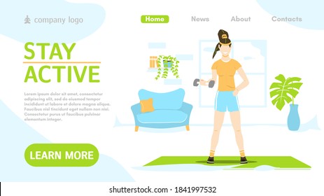 Sport Landing Page Layout. Online Personal Trainer And Fitness Coach. Indoor Physical Activity. Fitness Website Homepage. Design For Banner, Flyer Or Brochure. Cartoon Flat Vector Illustration.