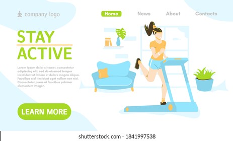 Sport Landing Page Layout. Online Personal Trainer And Fitness Coach. Indoor Physical Activity. Fitness Website Homepage. Design For Banner, Flyer Or Brochure. Cartoon Flat Vector Illustration.