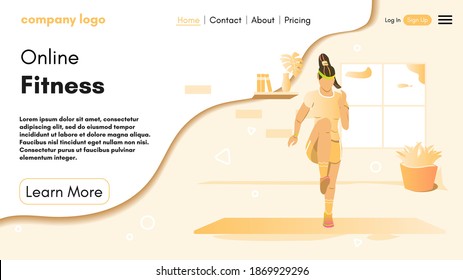 Sport Landing Page Layout. Online Personal Trainer And Fitness Coach. Black Woman Doing Gymnastics. Fitness Website Homepage. Design For Banner, Flyer Or Brochure. Cartoon Flat Vector Illustration.