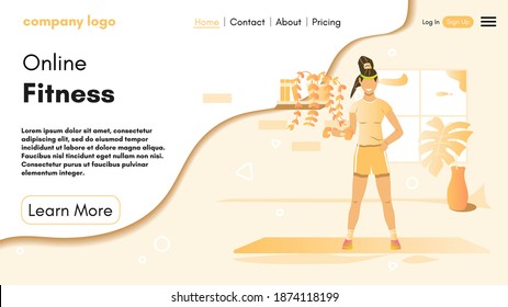 Sport Landing Page Layout. Online Personal Trainer And Fitness Coach. Black Woman Doing Gymnastics. Fitness Website Homepage. Design For Banner, Flyer Or Brochure. Cartoon Flat Vector Illustration.