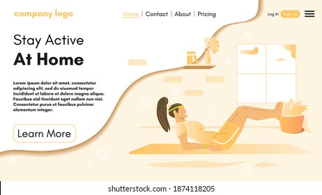 Sport Landing Page Layout. Online Personal Trainer And Fitness Coach. Black Woman Doing Gymnastics. Fitness Website Homepage. Design For Banner, Flyer Or Brochure. Cartoon Flat Vector Illustration.