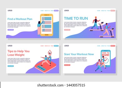 Sport landing page set.  Woman choosing workout plan on giant phone, people running on treadmill, people on isometric scales, time to run web wage. Flat vector illustration.