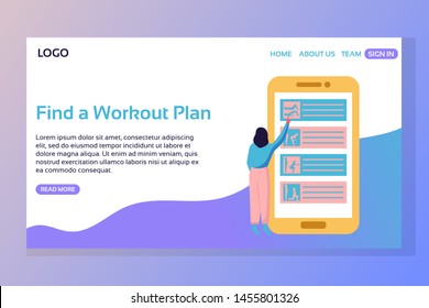 Sport landing page set. Woman choosing workout plan on giant phone web page. Find a workout plan. Flat vector illustration.