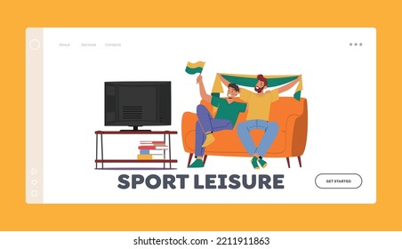 Sport Leisure Landing Page Template. Dad and Son Characters Spend Time Together Watching Football on Tv Sitting on Couch. Sport Fans Spare Time, Family Relations. Cartoon People Vector Illustration