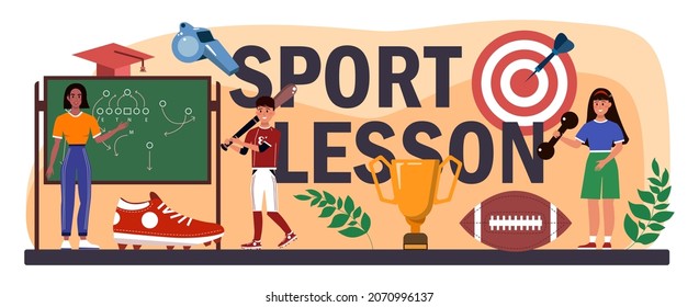 Sport lesson typographic header. Physical education or school sport class concept. Students doing excercise in the gym with sport equipment. Flat vector illustration