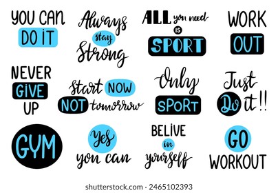 Sport lettering phrases. Motivational typography elements, handwritten ink designs for print or card decor. Sporty positive quotes, neoteric vector set