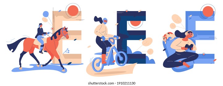 Sport letters E collection with women riding enduro bike, equestrian dressing and playing e-games. Concept illustration with various leisure activities isolated on white