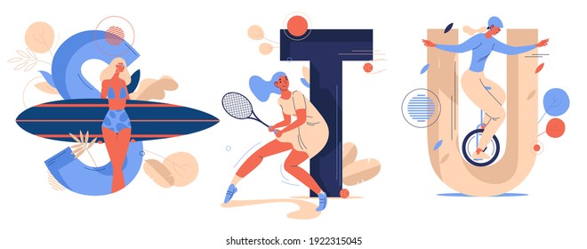 Sport letters with training women smiling. English alphabet character S for surfing, T for tennis, U for unicycle. Concept illustration drawn in blue and orange in cartoon style