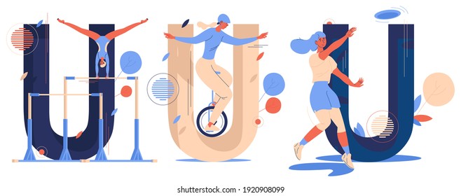 Sport letters U collection isolated on white. Uneven bars training, ultimate player with flying disk, unicycle rider. Blue characters drawn with beige and orange