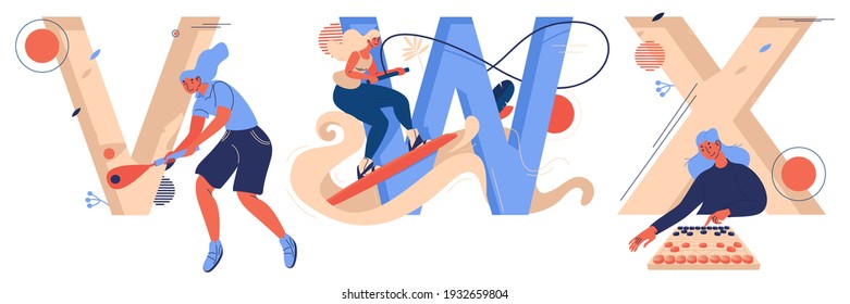Sport letters V for vigoro, W for wakeboarding and X for xiangqi or chinese chess. Educational collection with active women training and playing 