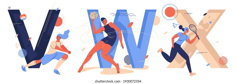 Sport letters with women characters training and running. V for volleyball, W for water polo and x for xare game. Educational collection with female characters