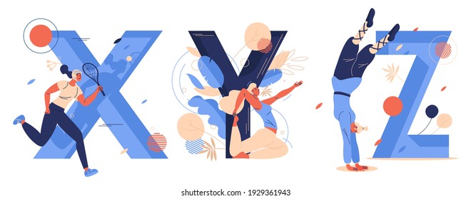Sport letters X for xare game, Y for yoga, Z for zui quan. Women training, running and doing salto. Vector concept illustration collection - Shutterstock ID 1929361943