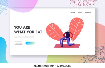 Sport Life Activity Landing Page Template. Healthy Man Doing Yoga Asana or Aerobics Exercise in City Park. Male Character Healthy Lifestyle, Diet Healthy Nutrition. Cartoon People Vector Illustration
