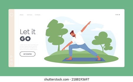 Sport Life Activity Landing Page Template. Healthy Man Doing Yoga Asana or Aerobics Exercise Standing on Mat in Summer Park on Nature. Male Character Healthy Lifestyle. Cartoon Vector Illustration