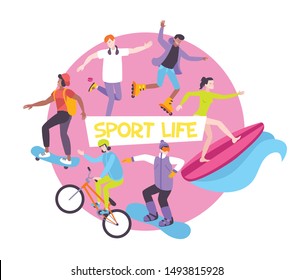Sport life flat round composition with young people riding bicycle skateboard surfboard roller vector illustration 