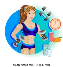 Sport is a life in which discipline and healthy food are at the core, colored vector illustration, worout, sport, healthy food, girl