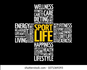 Sport Life word cloud collage, health cross concept