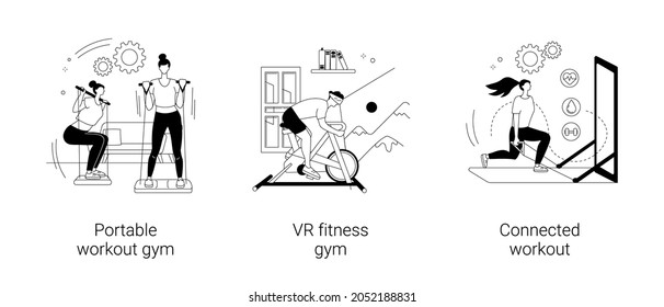 Sport lifestyle abstract concept vector illustration set. Portable workout gym, VR fitness, connected workout, home workout system, virtual reality training session, smart gym abstract metaphor.