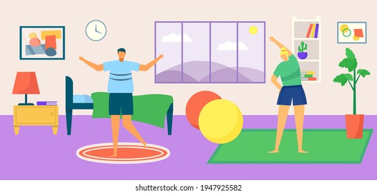 Sport lifestyle, family workout at flat morning concept vector illustration. Couple character training at home, make fitness exercises.