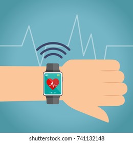 Sport lifestyle health monitoring. Hand with smartwatch. Vector illustrator.
