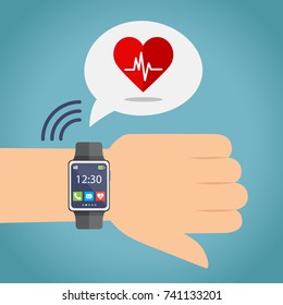 Sport lifestyle health monitoring. Hand with smartwatch. Vector illustrator.