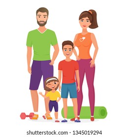 Sport lifestyle healthy young family with cute kids. Father, mother, son and daughter involved in fitness activity. Sport family cartoon vector illustration isolated.