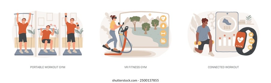 Sport lifestyle isolated concept vector illustration set. Portable workout gym, VR fitness, connected workout, home workout system, virtual reality training session, smart gym vector concept.