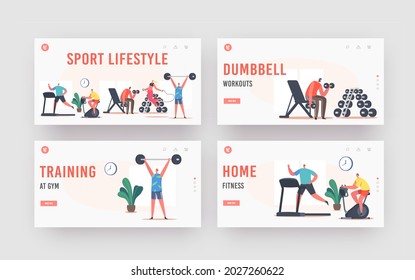 Sport Lifestyle Landing Page Template Set. People Training in Gym. Sportsmen and Sportswomen Characters Run on Treadmill, Riding Bicycle, Workout with Barbell and Jumping. Cartoon Vector Illustration