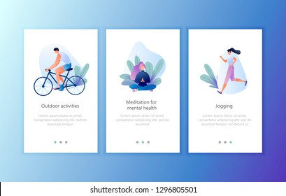 Sport Lifestyle. Mobile Application Onboard Screen Set. Man Ride Bike, Girl Do Yoga, Woman Run. Outdoor Fitness Exercise Concept for Website or Web Page. Concept Vector Illustration