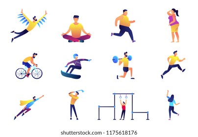 Sport and lifestyle vector illustrations set. Gym, cycling, snowboarder, wightlifter jogging, yoga athletics, dancing, superhero, diet. Vector illustrations set isolated on white background.