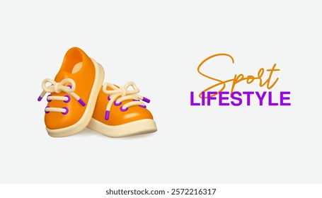 Sport lifestyle web banner. Orange sneakers vector 3d icon. Cartoon sport shoes isolated. Pair of footwear with laces in simple cute style