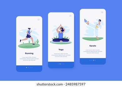 Sport lifestyle, Workout routine activity illustration on onboard screen template, Mobile app ui screen set with sport concept