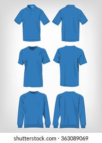 Sport light blue t-shirt, sweater and polo shirt isolated set vector