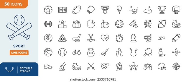 Sport Line Editable Icons set. Sport icons Pixel perfect. Contain baseball, basketball, soccer, and other sports