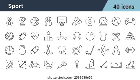 Sport Line Editable Icons set. Includes Sports, football, basketball, trophy, competition, medal, gym, volleyball, Solid, vector illustration.