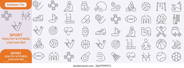 Sport Line Editable Icons set. Sport icons Pixel perfect. Contain baseball, basketball, soccer, and other sports