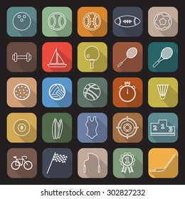 Sport line flat icons with long shadow, stock vector