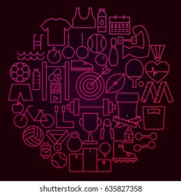 Sport Line Icon Circle Concept. Vector Illustration of Fitness and Healthy Lifestyle Objects.