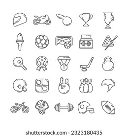 sport line icon set with bowling, racing helmet, ball, olympic torch