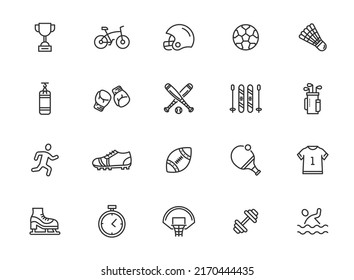 Sport line icon set. Boxing tennis badminton, ping pong vector outline icon. Soccer golf baseball illustration sport symbol set