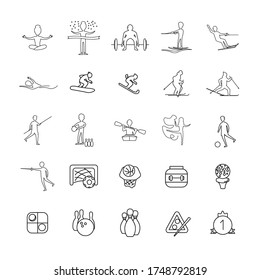 Sport line icon set with golf ball, billiards, bowling, checkers, protein can, first place medal, soccer goal
