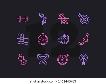 Sport line icon set. Stopwatch, rope pulling, check mark. Competition concept. Can be used for topics like leadership, target, goal achieving