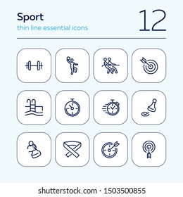 Sport line icon set. Stopwatch, rope pulling, check mark. Competition concept. Can be used for topics like leadership, target, goal achieving