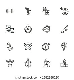 Sport line icon set. Stopwatch, rope pulling, check mark. Competition concept. Can be used for topics like leadership, target, goal achieving