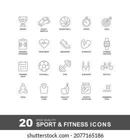 Sport line icons. Fitness and training icon set with editable stroke