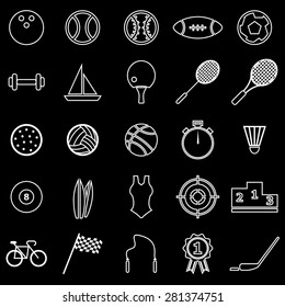 Sport  line icons on black background, stock vector