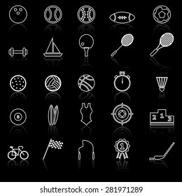 Sport line icons with reflect on black, stock vector